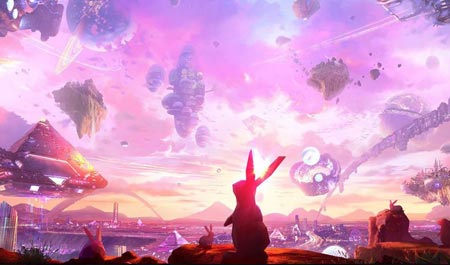 A futuristic landscape with a rabbit in front