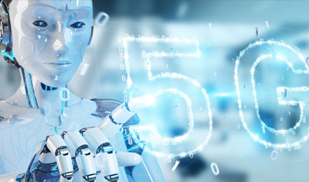 A robot touching 5G graphic
