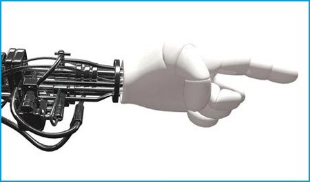 A robotic hand pointing to the right